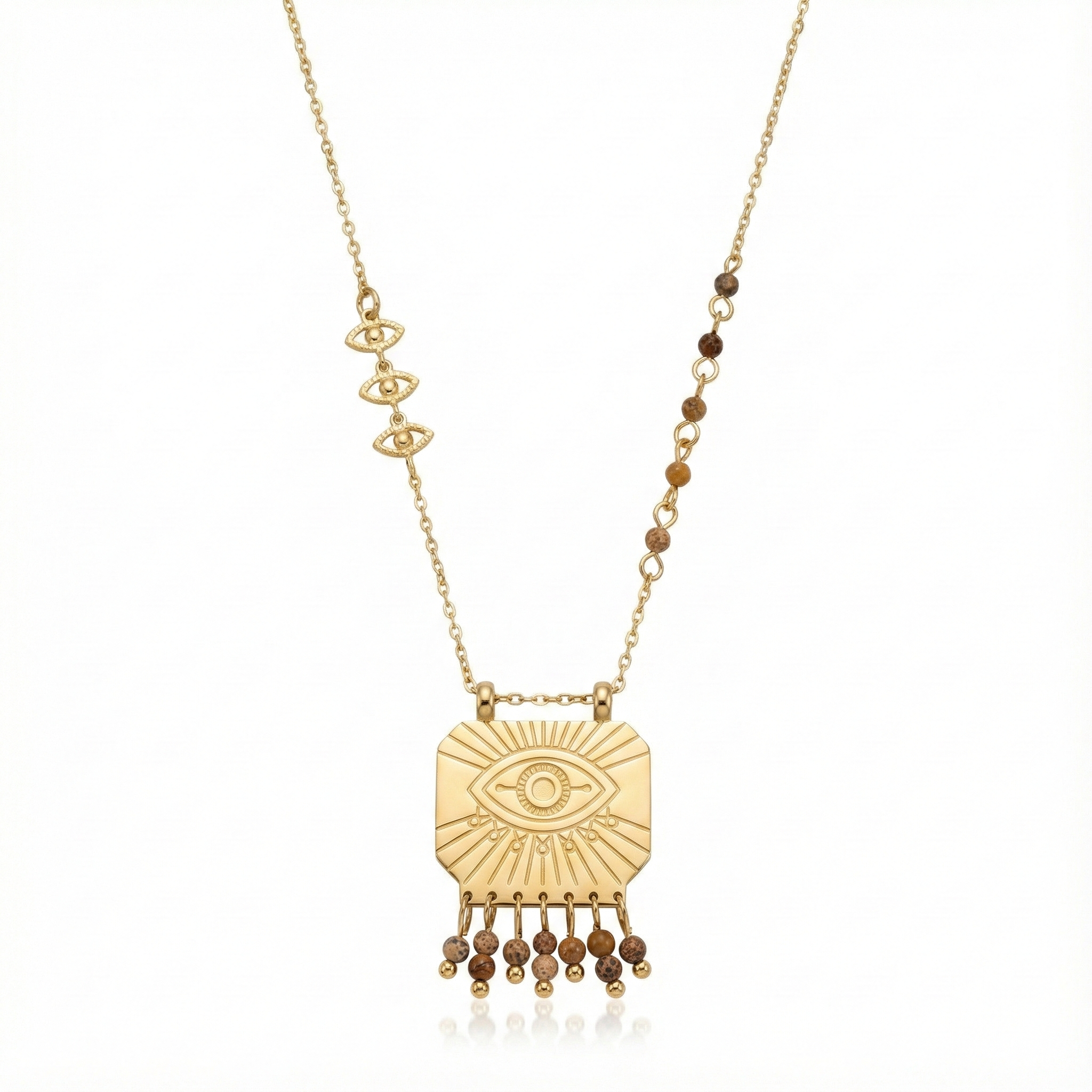 Collier œil protecteur gravé avec pampilles en acier inoxydable doré